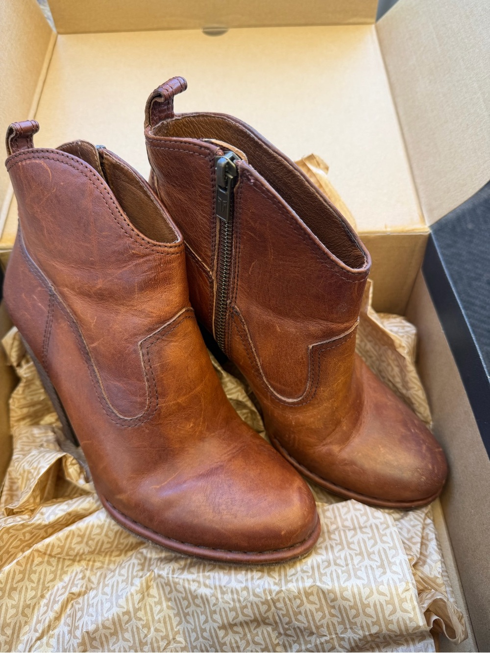 Frye Brown Leather Ankle Booties with Side Zip
